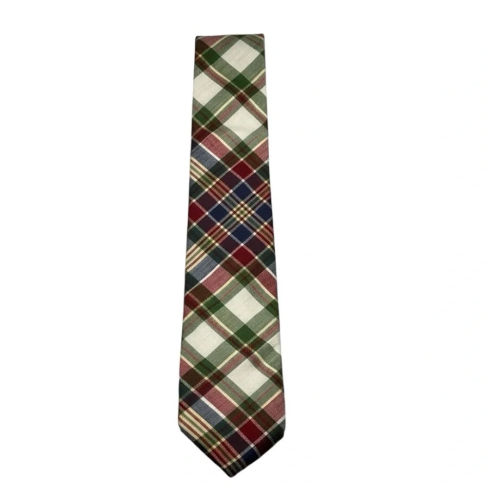 Vtg Flying Scotsman necktie tartan plaid pattern red green navy white preppy